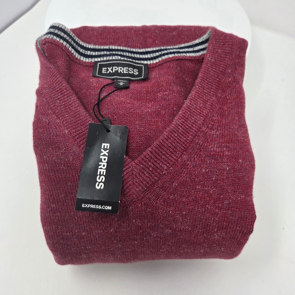 Express Sweater Mens M V-Neck Maroon Heathered Lion Logo 100% Cotton NEW